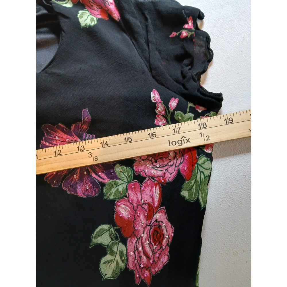 VTg y2k Bias Cut Black Dark Pink Floral Rose Midi Dress Beaded V-Neck sz 8 - Picture 8 of 12